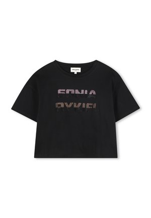 Zwart cropped t-shirt van zacht katoen met een ronde hals. Voorzien van gekleurde strass tekstdetails aan de voorkant. Korte mouwen.
