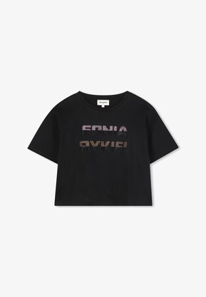 Zwart cropped t-shirt van zacht katoen met een ronde hals. Voorzien van gekleurde strass tekstdetails aan de voorkant. Korte mouwen.