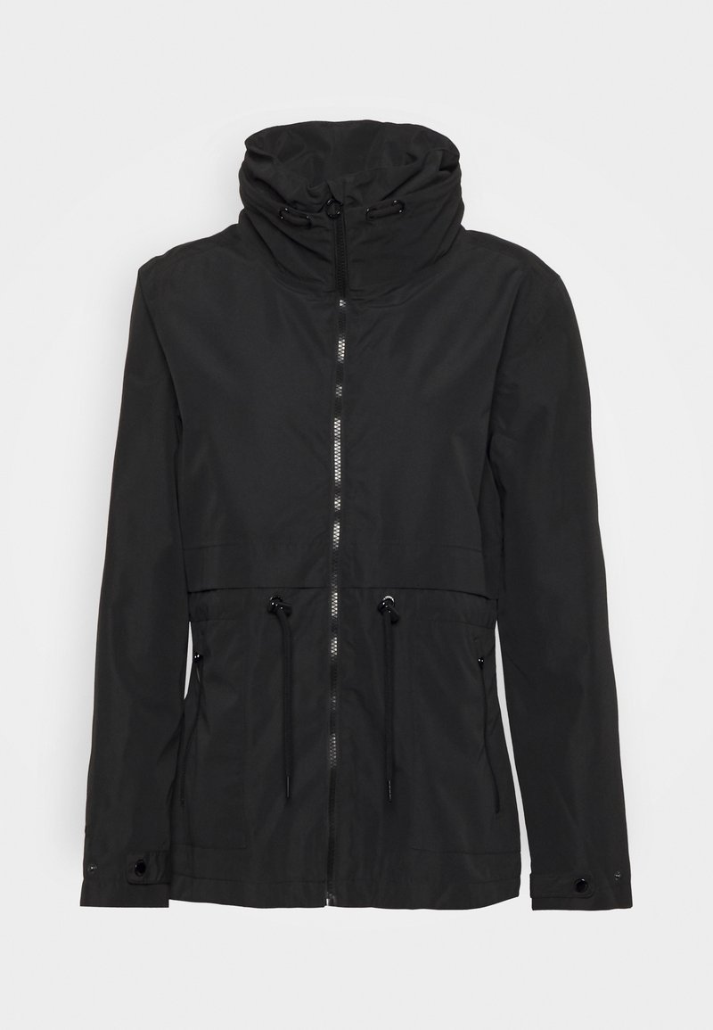 Veste noire zippée avec col haut, cordons réglables à la taille et au col, et détails de poignets boutonnés.