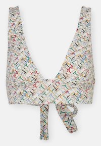 Multi-farvet mønstret bikini top med v-hals design, lavet af glat materiale, med en snøre i bunden og et geometrisk print.