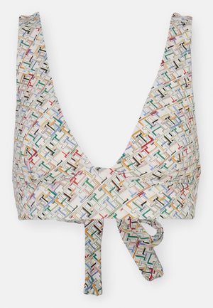 Haut de bikini à motifs multicolores avec un design en V, fabriqué en matériau lisse, doté d'un lien à la base et d'un imprimé géométrique.