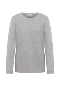 Maglietta grigia a maniche lunghe con texture a coste e scollo rotondo. Realizzata in un tessuto morbido, ha una vestibilità comoda e cuciture curate.