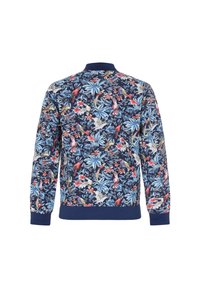 Sweatshirt con motivo floreale in blu navy con disegni vivaci in blu, rosso e crema; colletto e polsini a costine; tessuto morbido e testurizzato.