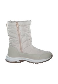 Stivaletti alla caviglia in beige chiaro, morbidi e leggeri, con zip laterale, tomaia in tessuto, suola in gomma e dettagli testurizzati; progettati per comfort e calore.