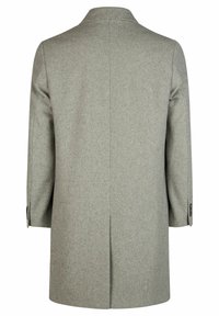 Abrigo de lana gris con cuello de muesca, mangas largas y corte recto. La abertura trasera mejora el movimiento. Textura suave, diseño minimalista.