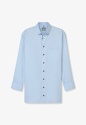 Hellblauses Langarmhemd mit Button-Down-Kragen, schwarzen Knöpfen, einer einzelnen Brusttasche und einer glatten, gewebten Textur. Legere Passform.