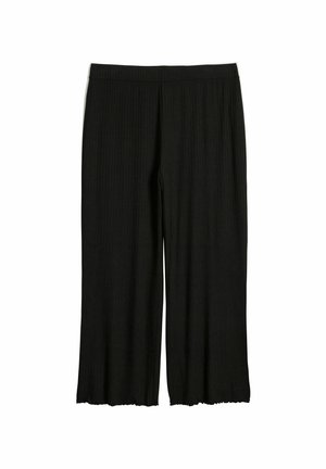 Zwarte wijde broek van текстured stof met verticale ribstructuren en een brede elastische tailleband. De zoom heeft een subtiele rafelrand.