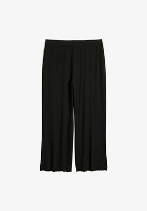 Zwarte wijde broek van текстured stof met verticale ribstructuren en een brede elastische tailleband. De zoom heeft een subtiele rafelrand.