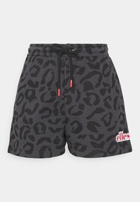Krátké kalhoty s leopardím vzorem v černé a šedé barvě vyrobené z měkké tkaniny. Disponují elastickým pasem s tkaničkou a logem v červené barvě na lemu.
