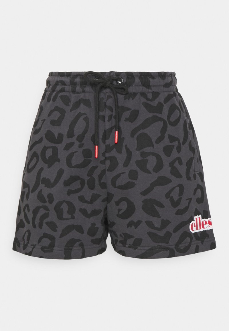 Krátké kalhoty s leopardím vzorem v černé a šedé barvě vyrobené z měkké tkaniny. Disponují elastickým pasem s tkaničkou a logem v červené barvě na lemu.