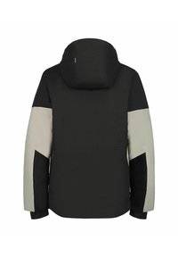 Giubbotto nero con cappuccio, caratterizzato da accenti di blocco colori grigio chiaro e grigio scuro sulle spalle e sulle maniche. Texture liscia, design casual.