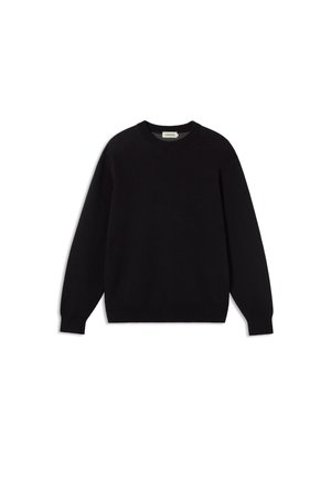 Suéter negro de punto con cuello redondo, mangas largas y puños y dobladillo acanalados. Textura suave, diseño minimalista sin patrones.