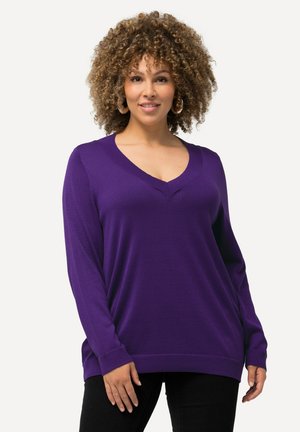 Pull-over violet en V à manches longues, avec des poignets côtelés et une coupe décontractée, fabriqué en matériau doux. Porté avec un pantalon noir.
