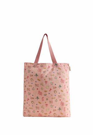 Roosa pika sangaga kandekott, mille pinda katavad väikesed värvikad kroonide, paelte, luikede, tähtede, südame ja hobuste ikoonid.