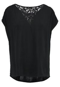 Svart kortärmad topp med V-ringning och en texturerad spetspanel vid halsringningen samt en något rundad nederkant. Tillverkad av lättviktsmaterial.