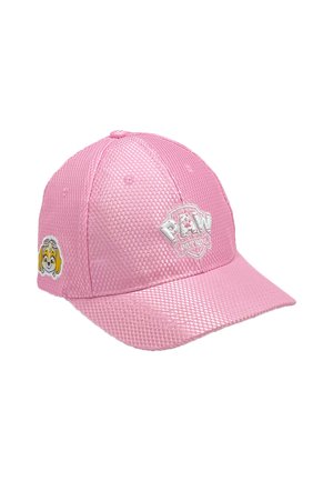 Cappellino da baseball in rete rosa con visiera curvata, logo ricamato "PAW Patrol" e una toppa di un cane dei cartoni animati sul lato sinistro.