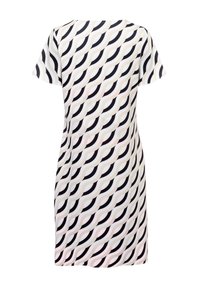 Korte mouwen jurk met een golfpatroon in zwart, beige en lichtblauw op een witte achtergrond. Zachte stof met een losse pasvorm.