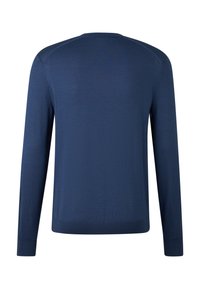 Granatowy sweter z długim rękawem, z prążkowanymi mankietami i dołem, prezentowany z tyłu na białym tle.