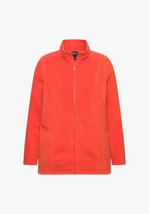 Polarowa kurtka w jasnopomarańczowym kolorze z wysokim kołnierzem i pełnym zamkiem błyskawicznym. Posiada długie rękawy oraz gładką, miękką strukturę.