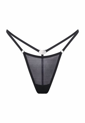 Schwarzer transparenter Mesh-Stringtanga mit dünnen doppelten Seitenriemen und einem kleinen silbernen Zieranhänger in der vorderen Mitte.