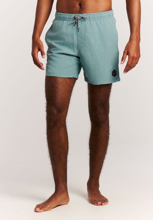 Mand iført teal badshorts med snor stående barfodet på en neutral baggrund, benene let adskilt.
