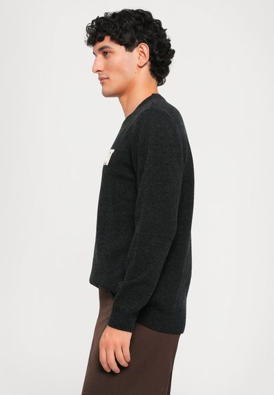 Schwarzer Pullover mit langen Ärmeln, rundem Halsausschnitt und gerippten Bündchen. Der Stoff wirkt strukturiert. An der Vorderseite steht "PRINT" in kontrastierender Farbe.