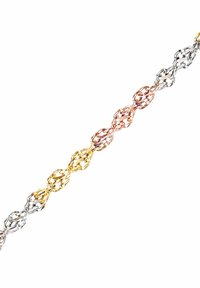 Metalna narukvica od lanca koja se sastoji od međusobno povezanih ovalnih karika sa završnom obradom u srebrnoj, ružičastoj zlatnoj i žutoj zlatnoj boji, koja pokazuje teksturirani dizajn.