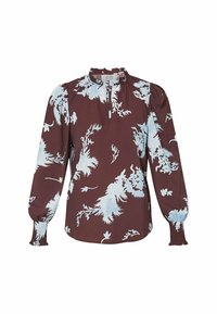 Bordeauxbluse med lyseblå blomsterprint, høj hals med flæsekanter, lange ærmer med sammensnørrede manchetter og en nøglehulsåbning foran.