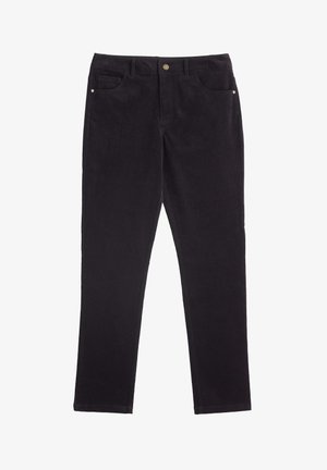 Czarne spodnie sztruksowe o slim fit, z dwoma przednimi kieszeniami i jedną tylną kieszenią. Złote akcenty sprzętowe przy pasie.