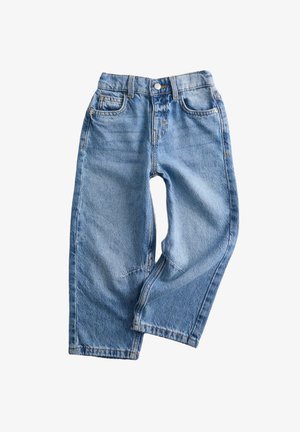 Jasnoniebieskie dżinsy o luźnym kroju, z pięcioma kieszeniami i kontrastowymi przeszyciami. Zniszczony teksturą, z wysokim stanem i prostymi nogawkami.