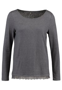 Long-sleeve, dark gray shirt with a round neckline and a lace trim at the hem. Made from a textured fabric.