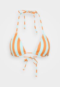 Bikiniöverdel i turkos och orange-randig. Har triangulära kupor, justerbara band och ett slitstarkt tyg med en slät yta.