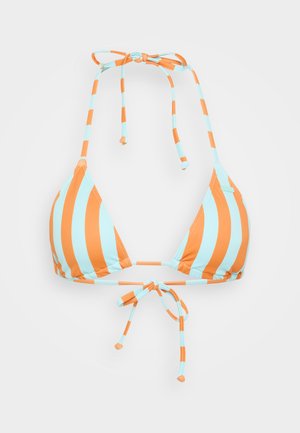Bikiniöverdel i turkos och orange-randig. Har triangulära kupor, justerbara band och ett slitstarkt tyg med en slät yta.