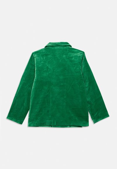 Jachetă verde din catifea cu guler și mâneci lungi, textură netedă, design simplu și croială dreaptă, cu fente laterale la tiv.