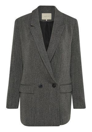 Blazer grigio doppiopetto in tessuto testurizzato, con revers a punte, due tasche frontali e bottoni neri. Interno foderato.