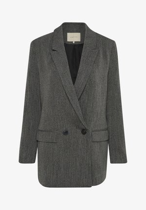 Pelēks dubultā kabatjakas uzvalks ar teksturētu audumu, ar iegrieztajiem kleita atlokiem, divām priekšējām kabatām un melniem pogām. Ar odere iekšpusē.