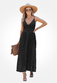 Schwarzes Maxikleid aus Spitze mit tiefem V-Ausschnitt, ärmellosem Design und tailliertem Oberteil. Verfügt über einen fließenden Rock und aufwendige Spitzendetails.