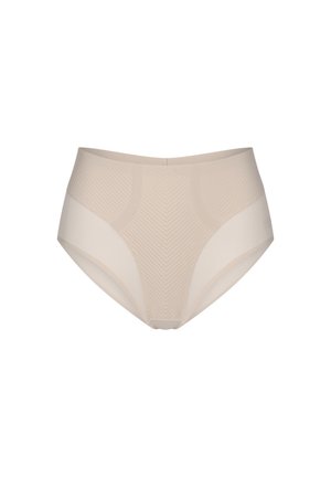 Mutande beige a vita alta realizzate in un tessuto liscio e elastico. Presentano un motivo a chevron e un design minimalista senza hardware visibile.