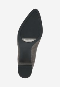 Gray suede high-heeled shoe sole featuring a smooth black rubber bottom and a metallic logo engraved with "PETER KAISER."
