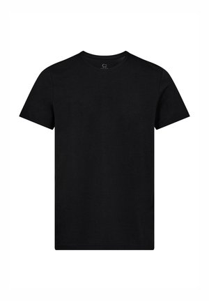Sort T-shirt lavet af bomuld, med rund hals, korte ærmer og lige kant. Stoffet fremstår glat uden mønstre eller pynt.