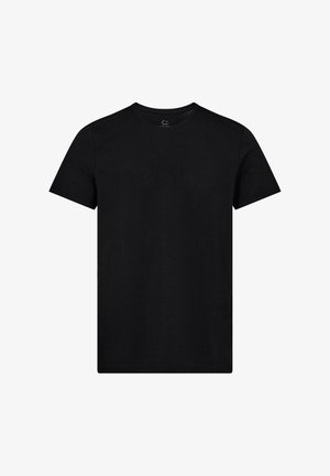 Sort T-shirt lavet af bomuld, med rund hals, korte ærmer og lige kant. Stoffet fremstår glat uden mønstre eller pynt.