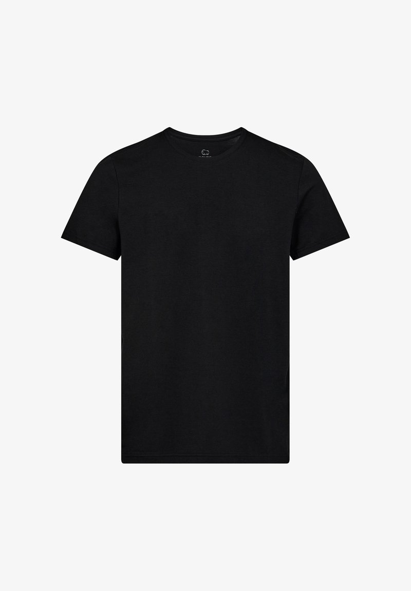 Sort T-shirt lavet af bomuld, med rund hals, korte ærmer og lige kant. Stoffet fremstår glat uden mønstre eller pynt.