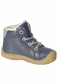 Botín de cuero azul marino con forro de piel sintética, acentos grises, ojales de metal y suela de goma. Presenta un diseño con cordones.