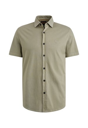 Short-sleeve, button-up shirt in light olive green, made of textured fabric with black buttons and subtle logo on the chest.