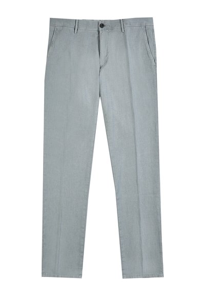 Light gray straight-leg trousers with side pockets, belt loops, zipper fly, and button closure.