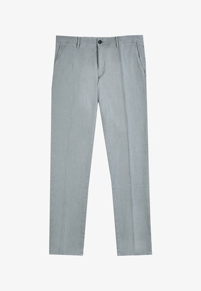 Light gray straight-leg trousers with side pockets, belt loops, zipper fly, and button closure.