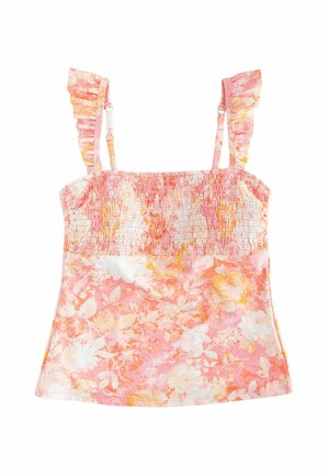 Roze bloemen smock tanktop met ruches op de schouderbanden, versierd met een mix van witte en gele bloemen. Zachte stof met een lichtgewicht ontwerp.