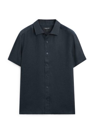 Ciemnogranatowa koszula na krótki rękaw z klasycznym kołnierzykiem, wykonana z lekkiej tkaniny, wyświetlona płasko na białym tle.