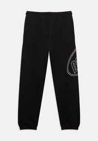 Μαύροι φόρμες με ελαστική μέση, στενά μανίκια και λευκό περίγραμμα λογότυπου στο δεξί πόδι. Κατασκευασμένοι από απαλό ύφασμα με λείο υφή.