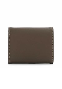 Brown synthetic wallet with a smooth texture, rectangular shape, and contrasting light stitching along the edges.